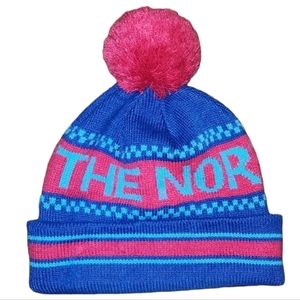 The North Face Blue and Red Pompom Beanie. Size OS